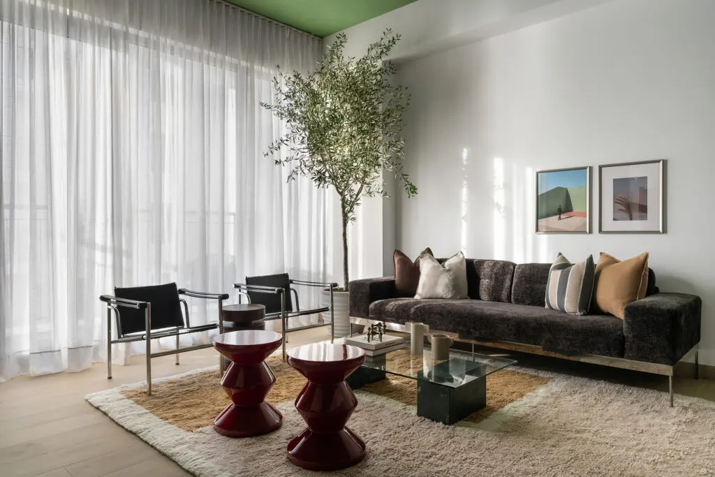 Autumn Project: apartment living room in warm autumnal tones with an indoor olive tree, Dubai