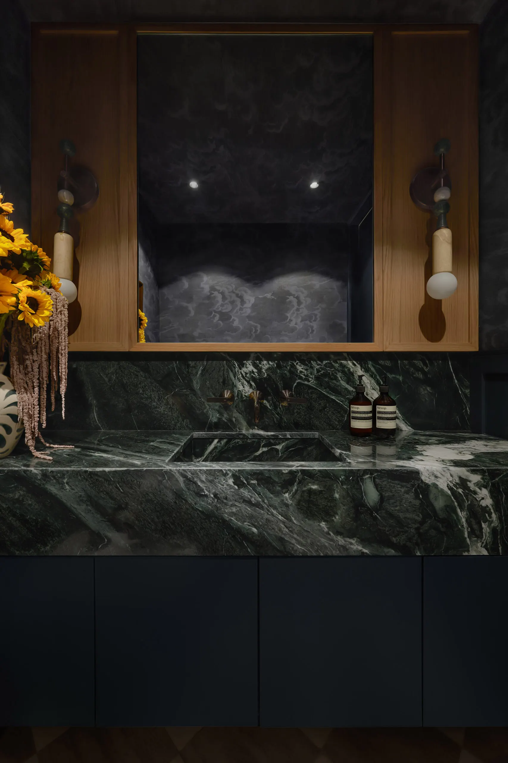 LH Bathroom Remodel: powder room and master bathroom renovation with Verdi Alpi and Calacatta Viola marble, Dubai